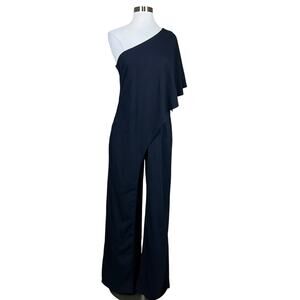 Adrianna Papell Crepe One Shoulder Wide Leg Jumpsuit Midnight Blue Size 4